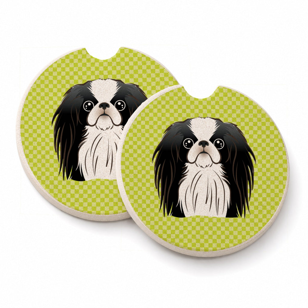Checkerboard Lime Green Japanese Chin Set of 2 Cup Holder Car Coasters Absorbent Round Sandstone Coasters Gifts for Men or Women, 2.5, Multicolor