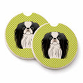 Checkerboard Lime Green Japanese Chin Set of 2 Cup Holder Car Coasters Absorbent Round Sandstone Coasters Gifts for Men or Women, 2.5, Multicolor
