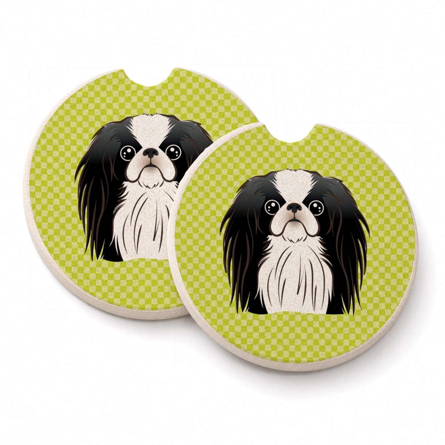 Checkerboard Lime Green Japanese Chin Set of 2 Cup Holder Car Coasters Absorbent Round Sandstone Coasters Gifts for Men or Women, 2.5, Multicolor