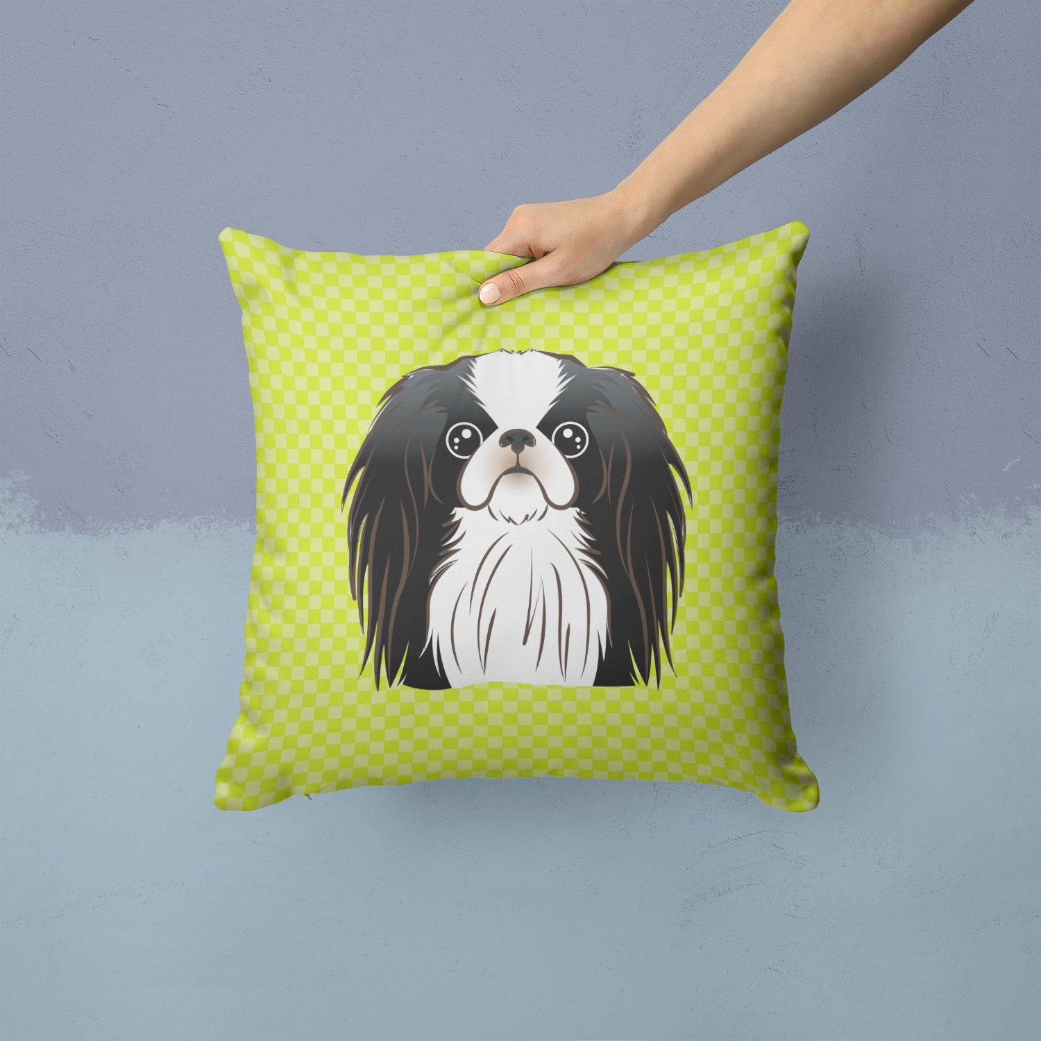 Checkerboard Lime Green Japanese Chin Decorative Throw Pillow 14x14 Indoor Outdoor Accent Cushion, Fabric Cover with Insert for Sofa, Bed, Porch & Living Room