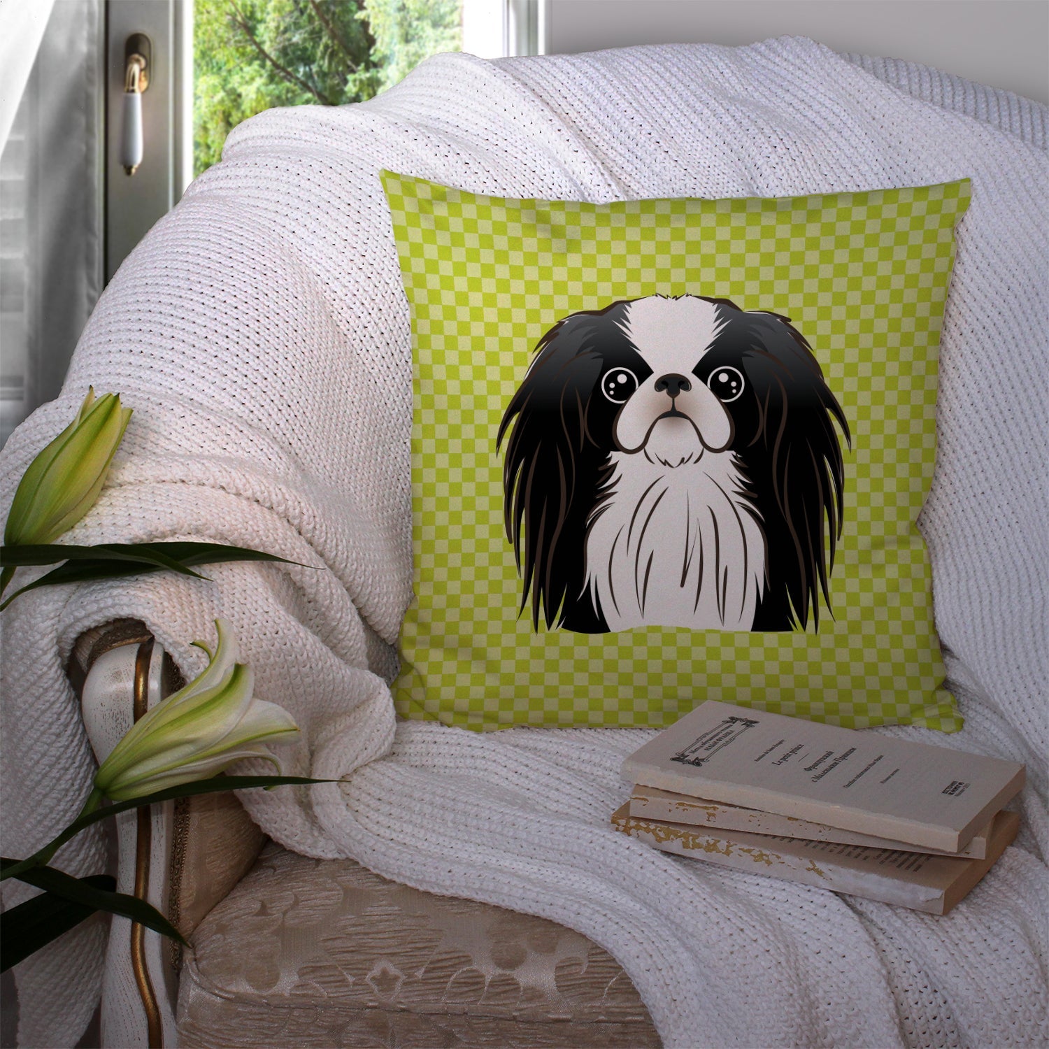 Checkerboard Lime Green Japanese Chin Decorative Throw Pillow 14x14 Indoor Outdoor Accent Cushion, Fabric Cover with Insert for Sofa, Bed, Porch & Living Room