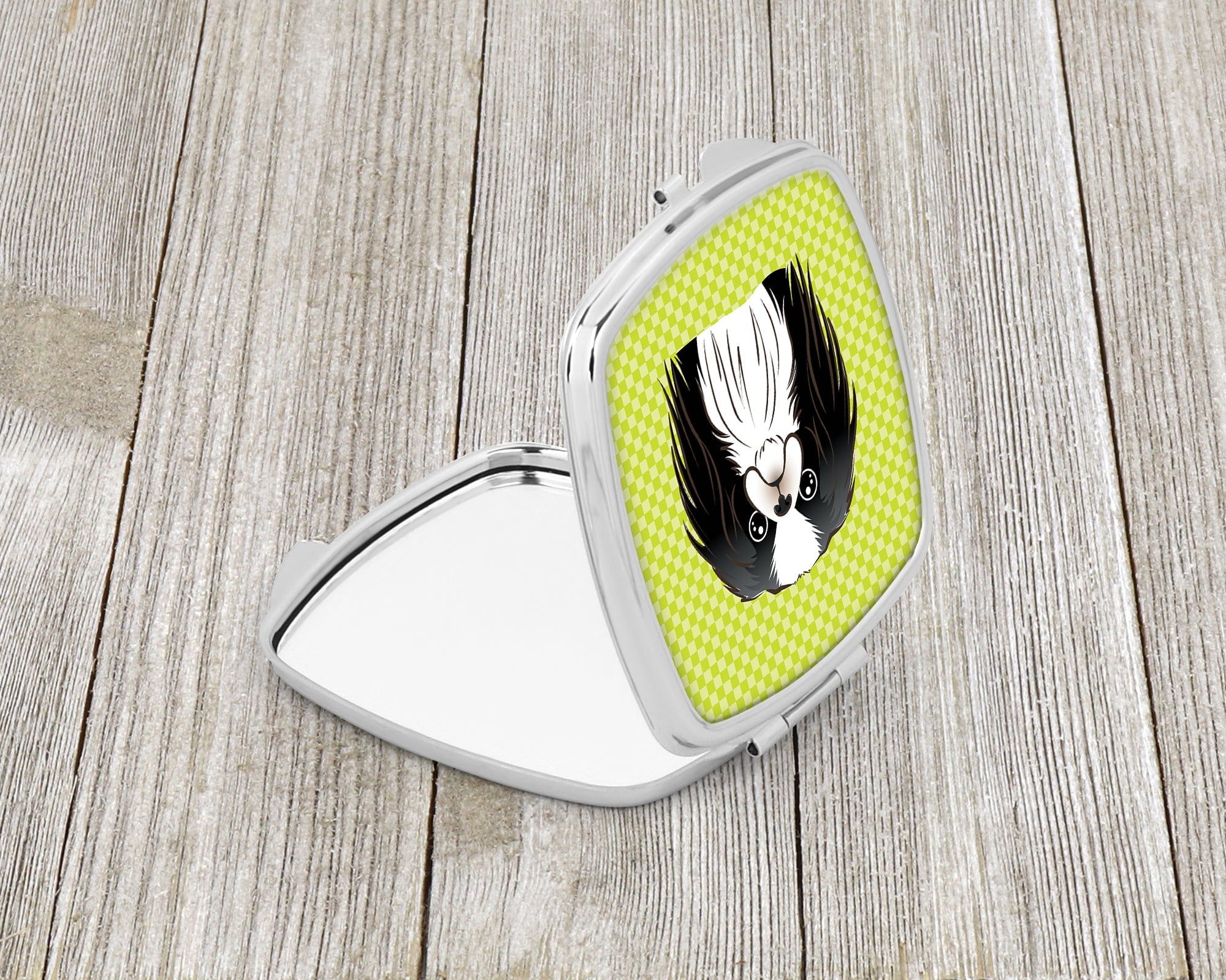 Checkerboard Lime Green Japanese Chin Compact Mirror Decorative Travel Makeup Mirror for Women Girls Gifts Pocket Makeup Mirror Folding Handheld
