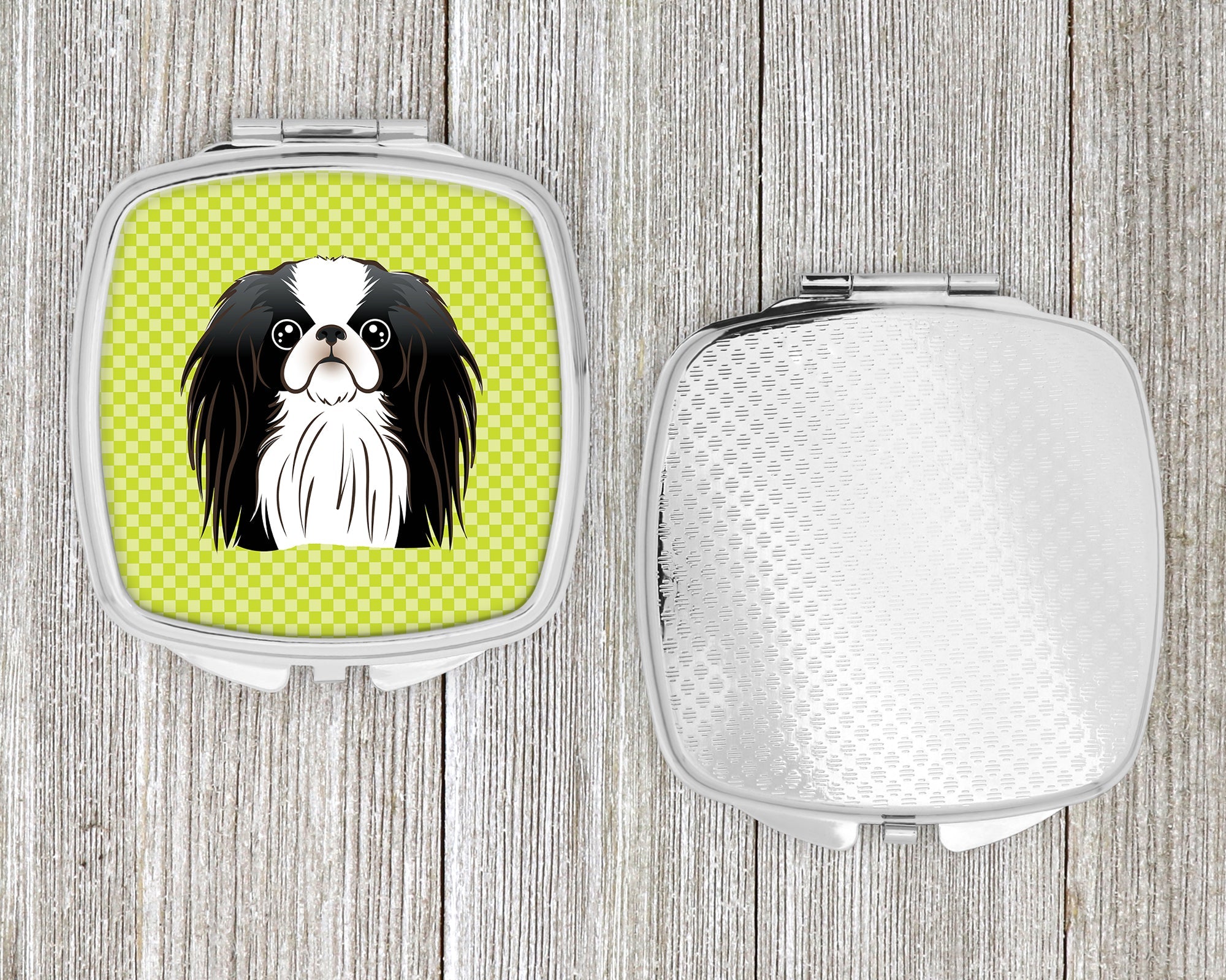 Checkerboard Lime Green Japanese Chin Compact Mirror Decorative Travel Makeup Mirror for Women Girls Gifts Pocket Makeup Mirror Folding Handheld