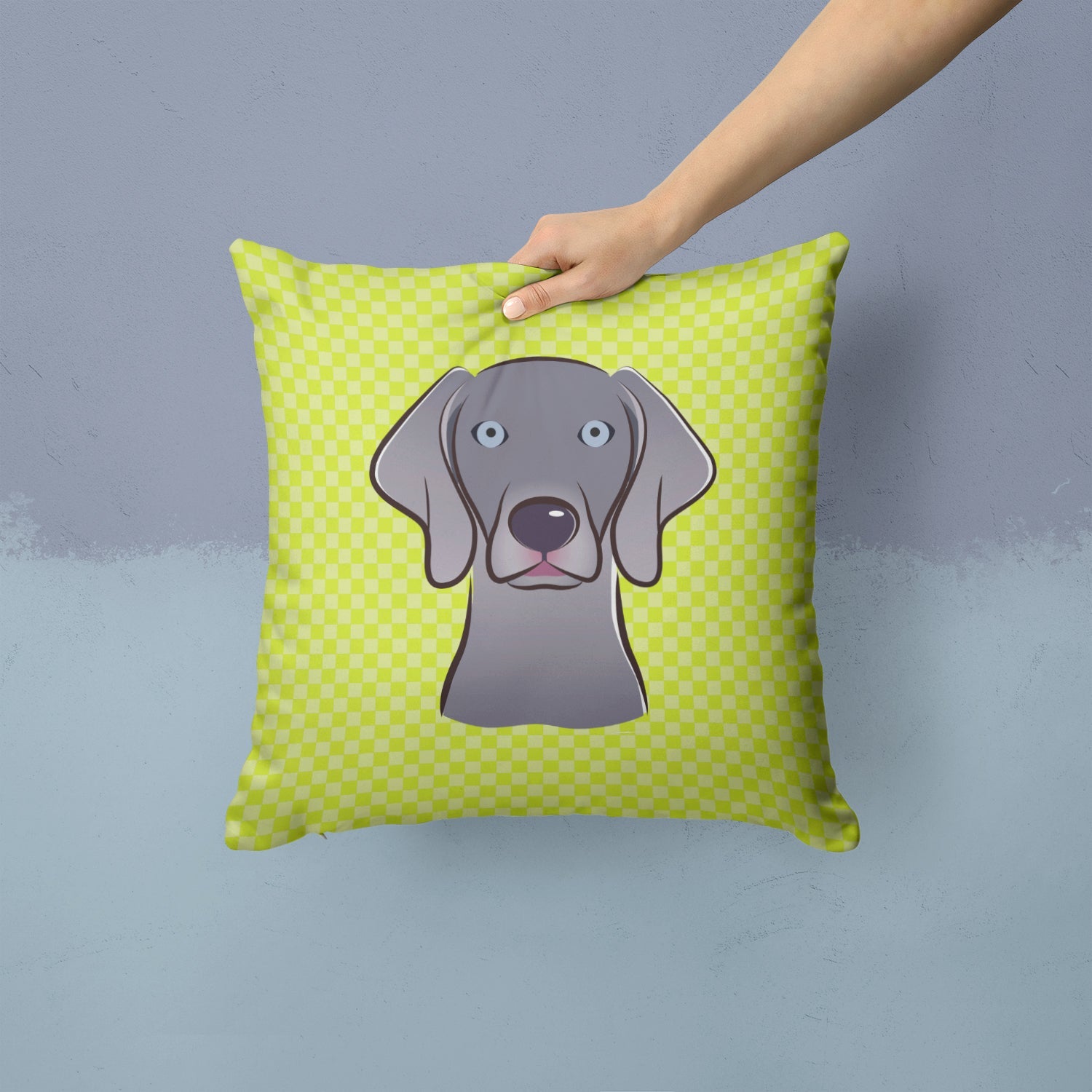 Checkerboard Lime Green Weimaraner Decorative Throw Pillow 14x14 Indoor Outdoor Accent Cushion, Fabric Cover with Insert for Sofa, Bed, Porch & Living Room