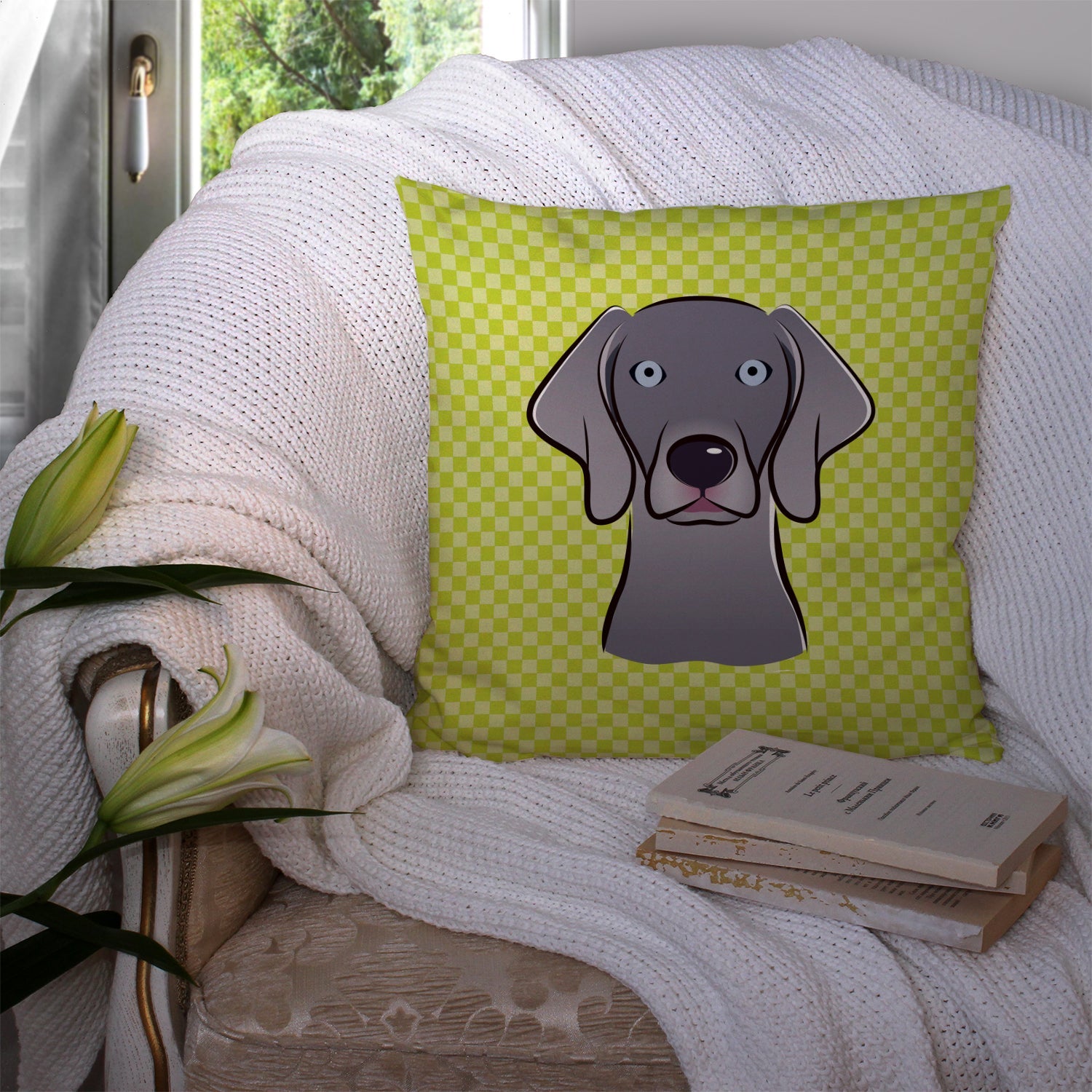 Checkerboard Lime Green Weimaraner Decorative Throw Pillow 14x14 Indoor Outdoor Accent Cushion, Fabric Cover with Insert for Sofa, Bed, Porch & Living Room