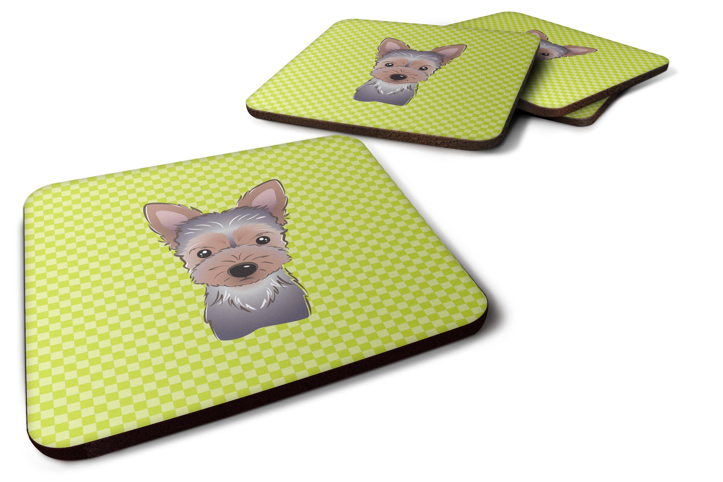 Checkerboard Lime Green Yorkie Puppy Foam Coasters Set of 4 Cup Coasters for Indoor Outdoor, Tabletop Protection, Anti Slip, Mouse pad Material