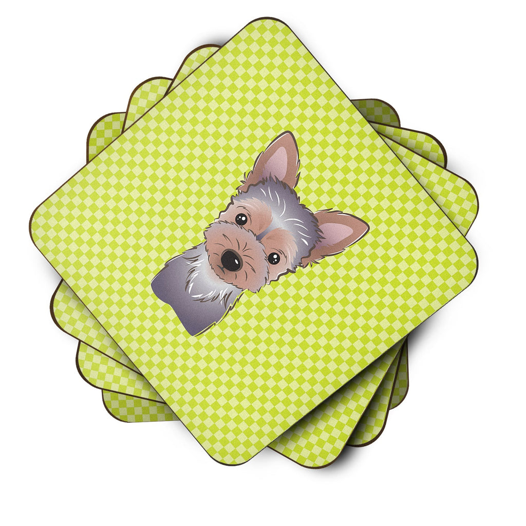 Checkerboard Lime Green Yorkie Puppy Foam Coasters Set of 4 Cup Coasters for Indoor Outdoor, Tabletop Protection, Anti Slip, Mouse pad Material
