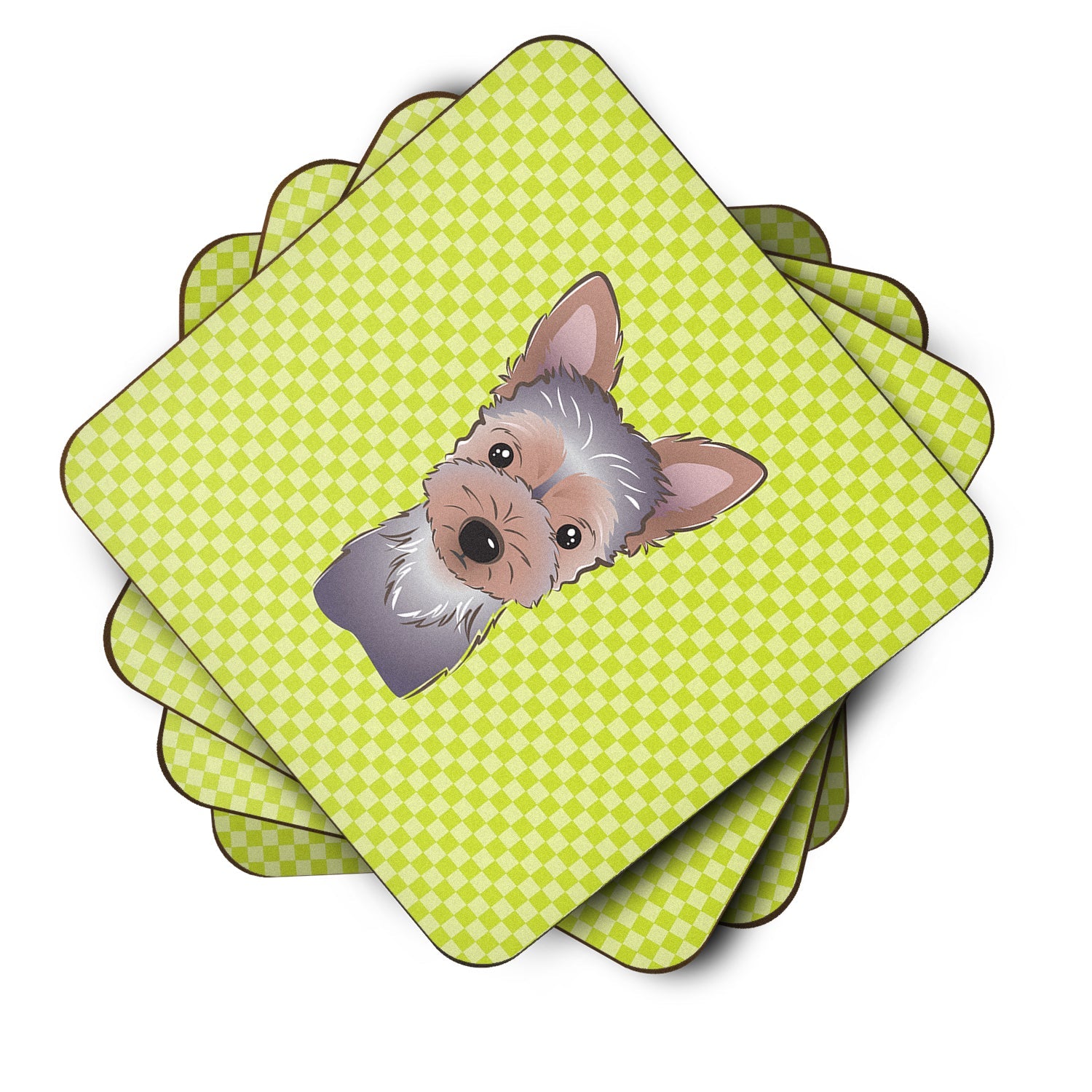 Checkerboard Lime Green Yorkie Puppy Foam Coasters Set of 4 Cup Coasters for Indoor Outdoor, Tabletop Protection, Anti Slip, Mouse pad Material