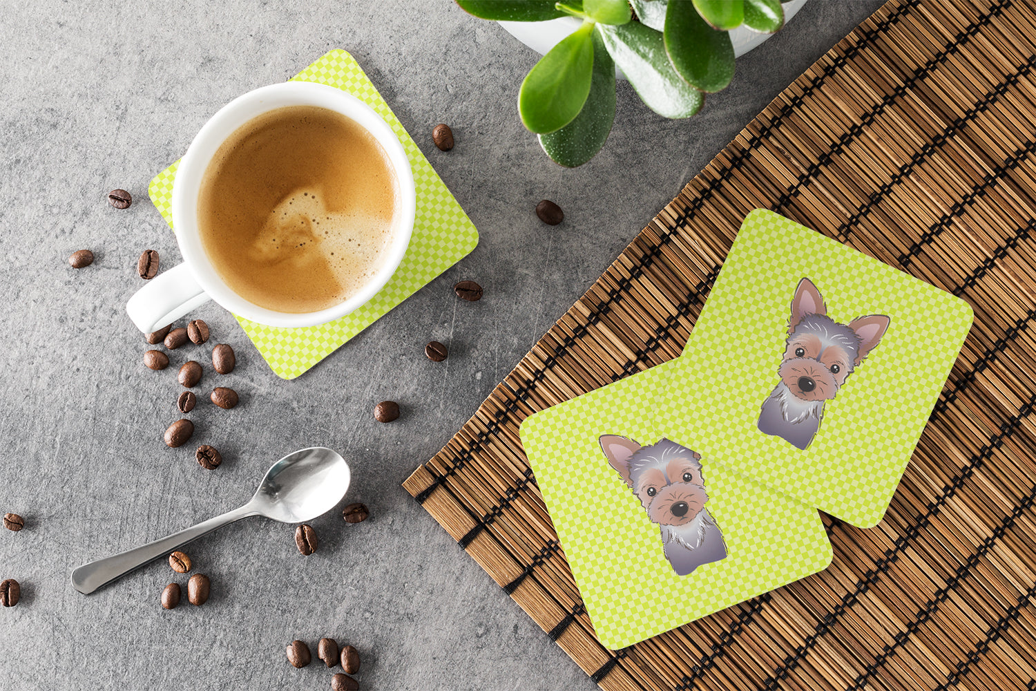 Checkerboard Lime Green Yorkie Puppy Foam Coasters Set of 4 Cup Coasters for Indoor Outdoor, Tabletop Protection, Anti Slip, Mouse pad Material