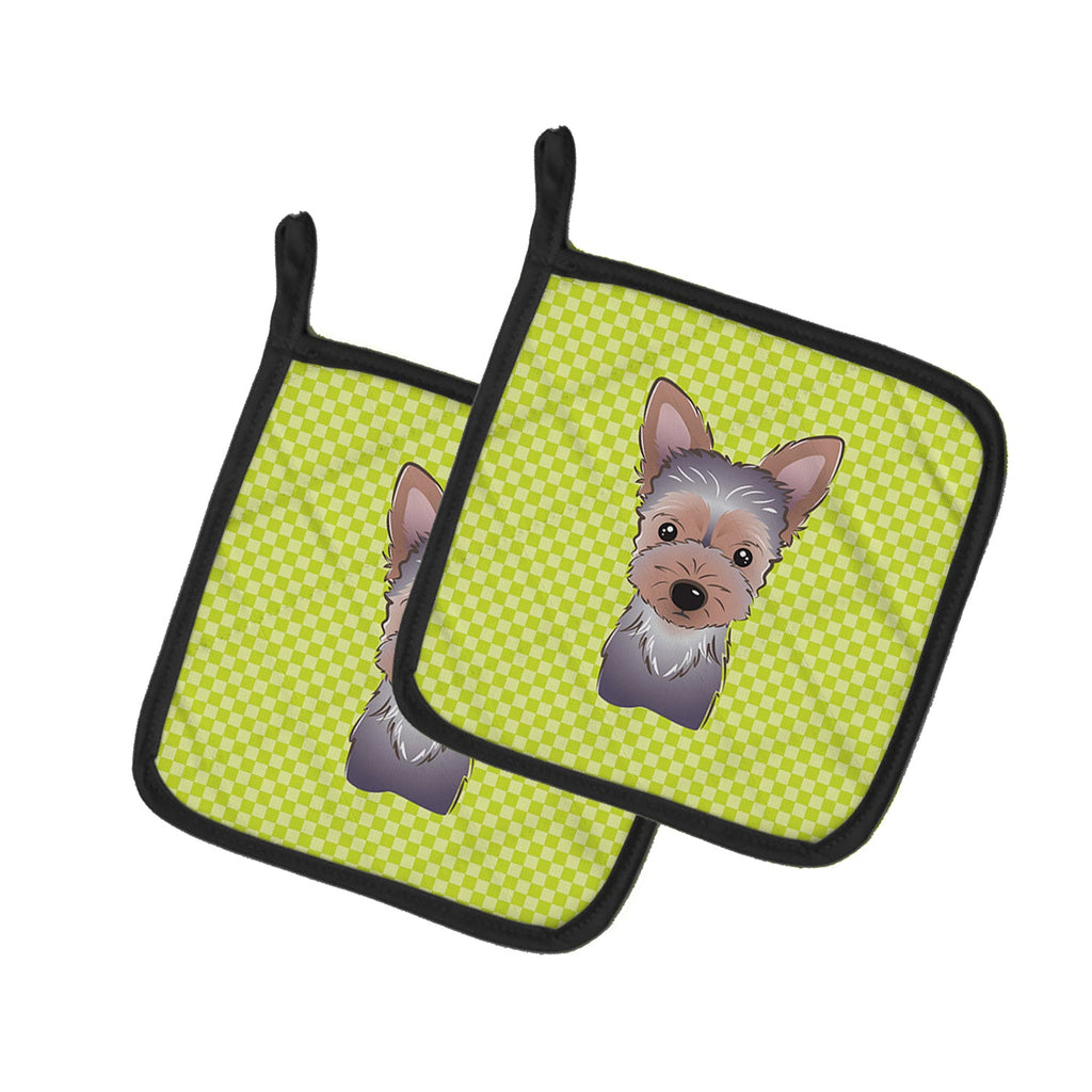 Checkerboard Lime Green Yorkie Puppy Pot Holder Set of 2 Heat Resistant Quilted Hot Pads 7.5 x 7.5 Inch, Insulated Kitchen Trivets for Cooking & Baking