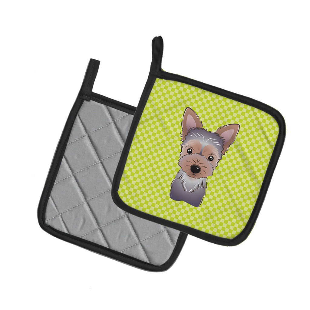 Checkerboard Lime Green Yorkie Puppy Pot Holder Set of 2 Heat Resistant Quilted Hot Pads 7.5 x 7.5 Inch, Insulated Kitchen Trivets for Cooking & Baking