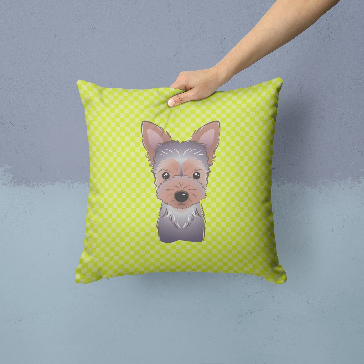 Checkerboard Lime Green Yorkie Puppy Decorative Throw Pillow 14x14 Indoor Outdoor Accent Cushion, Fabric Cover with Insert for Sofa, Bed, Porch & Living Room