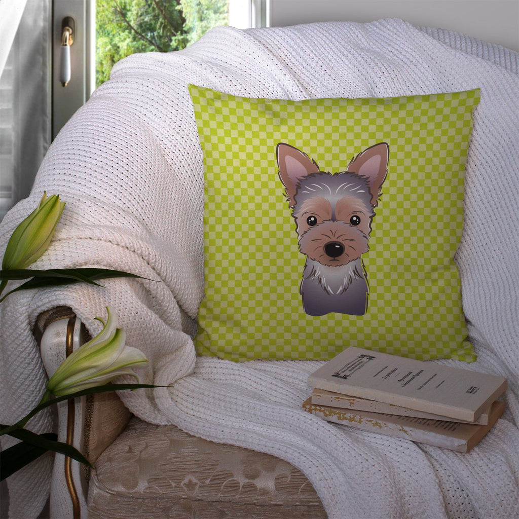 Checkerboard Lime Green Yorkie Puppy Decorative Throw Pillow 14x14 Indoor Outdoor Accent Cushion, Fabric Cover with Insert for Sofa, Bed, Porch & Living Room