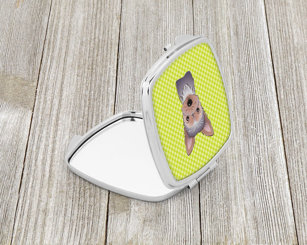 Checkerboard Lime Green Yorkie Puppy Compact Mirror Decorative Travel Makeup Mirror for Women Girls Gifts Pocket Makeup Mirror Folding Handheld