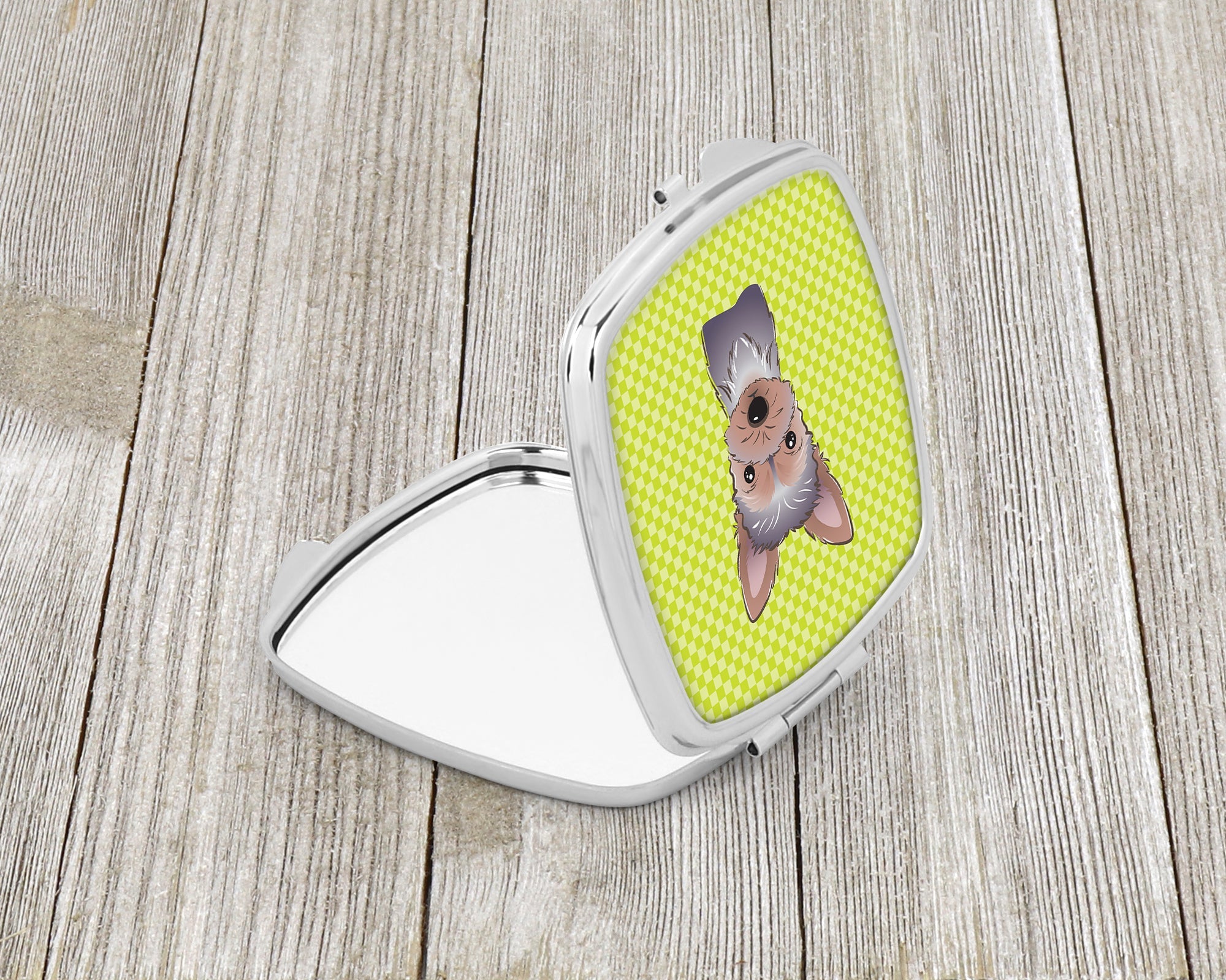 Checkerboard Lime Green Yorkie Puppy Compact Mirror Decorative Travel Makeup Mirror for Women Girls Gifts Pocket Makeup Mirror Folding Handheld