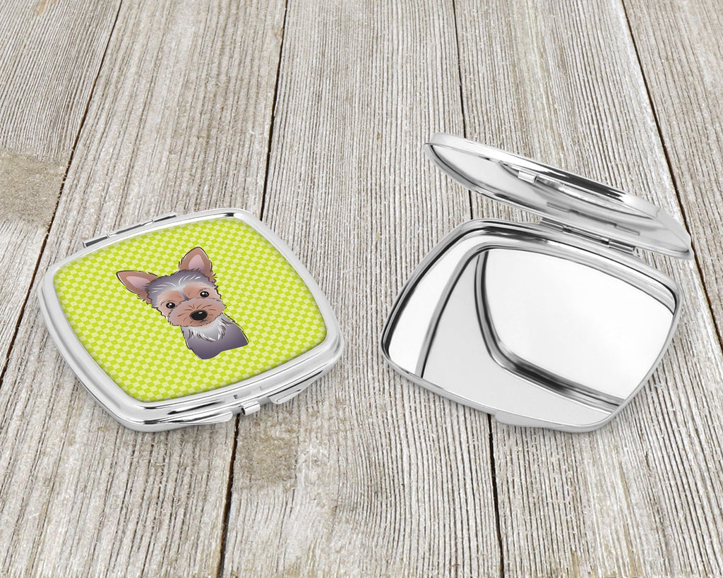 Checkerboard Lime Green Yorkie Puppy Compact Mirror Decorative Travel Makeup Mirror for Women Girls Gifts Pocket Makeup Mirror Folding Handheld