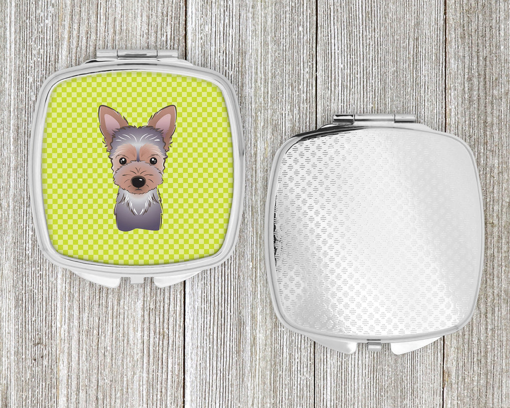 Checkerboard Lime Green Yorkie Puppy Compact Mirror Decorative Travel Makeup Mirror for Women Girls Gifts Pocket Makeup Mirror Folding Handheld