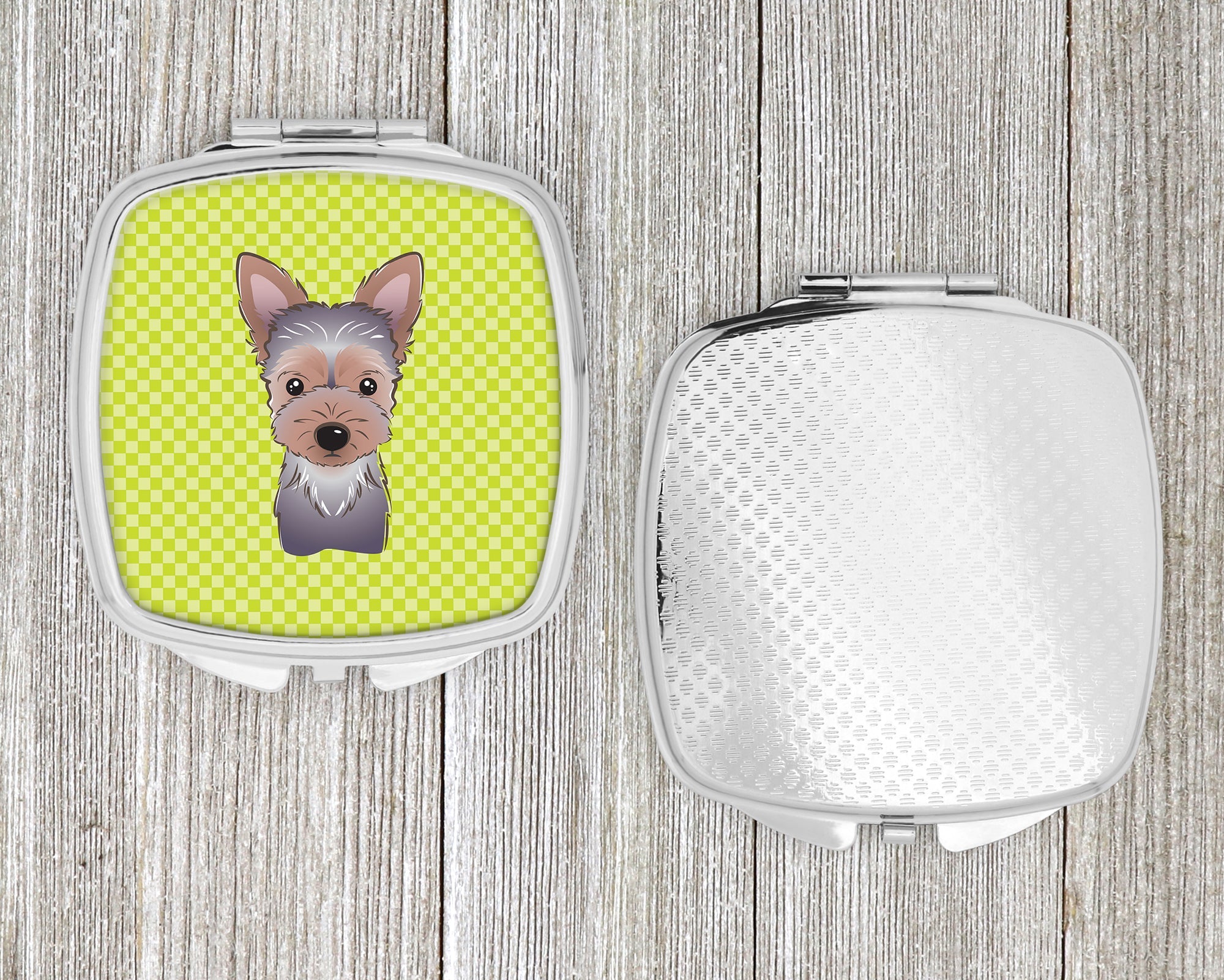 Checkerboard Lime Green Yorkie Puppy Compact Mirror Decorative Travel Makeup Mirror for Women Girls Gifts Pocket Makeup Mirror Folding Handheld