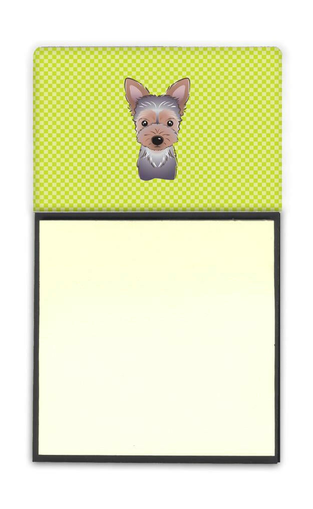 Checkerboard Lime Green Yorkie Puppy Watercolor Sticky Note Holder Refillable Dispenser Desk Accessory 3x3 Pad Gift
