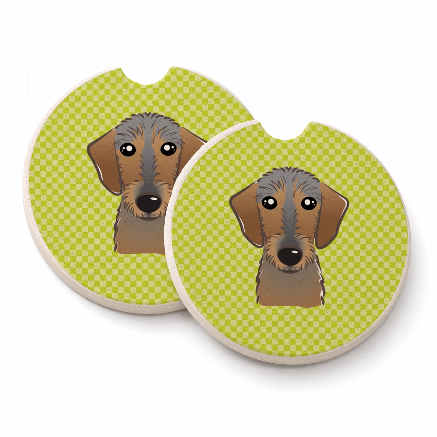Checkerboard Lime Green Wirehaired Dachshund Set of 2 Cup Holder Car Coasters Absorbent Round Sandstone Coasters Gifts for Men or Women, 2.5, Multicolor