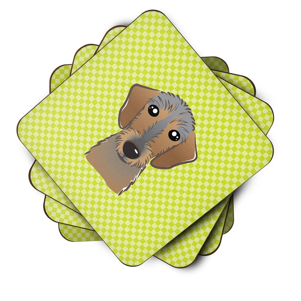 Checkerboard Lime Green Wirehaired Dachshund Foam Coasters Set of 4 Cup Coasters for Indoor Outdoor, Tabletop Protection, Anti Slip, Mouse pad Material