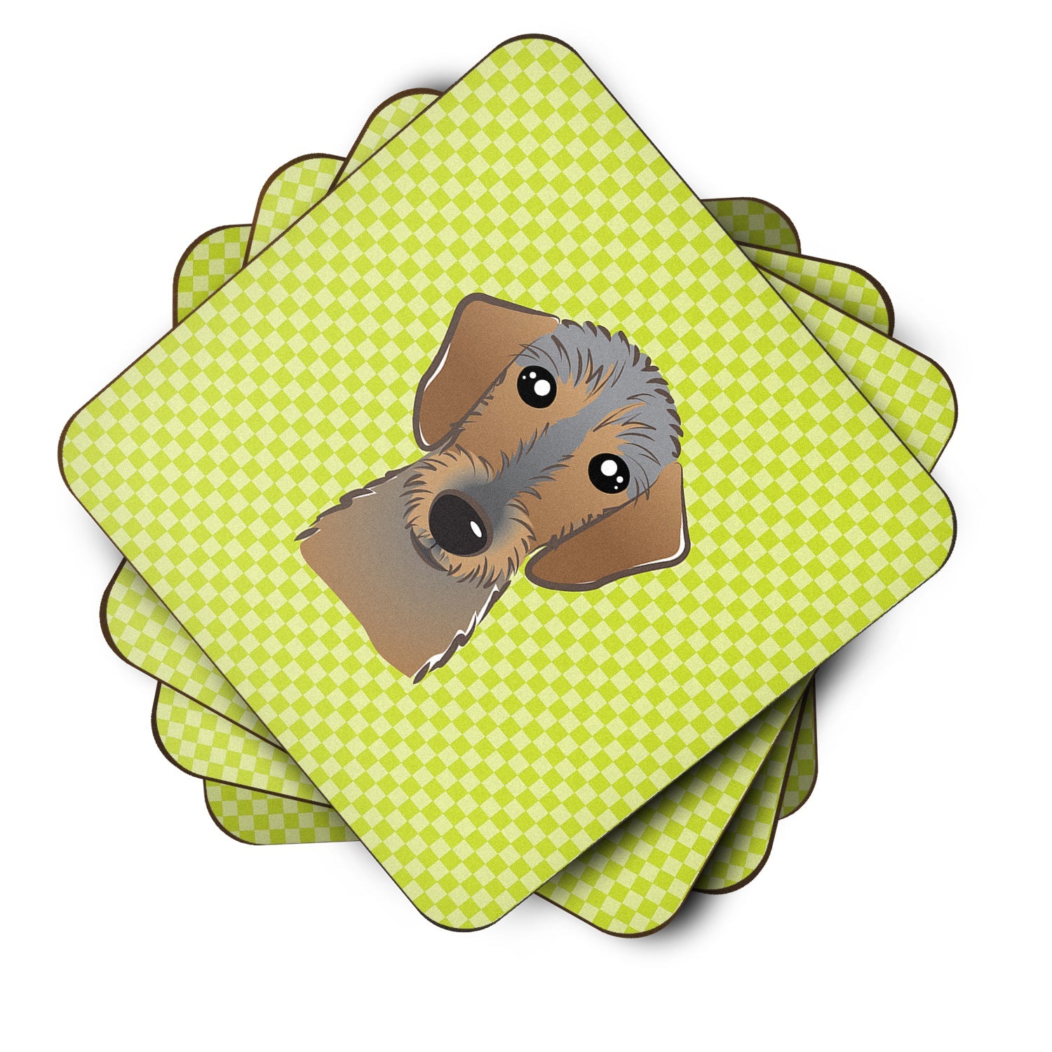 Checkerboard Lime Green Wirehaired Dachshund Foam Coasters Set of 4 Cup Coasters for Indoor Outdoor, Tabletop Protection, Anti Slip, Mouse pad Material