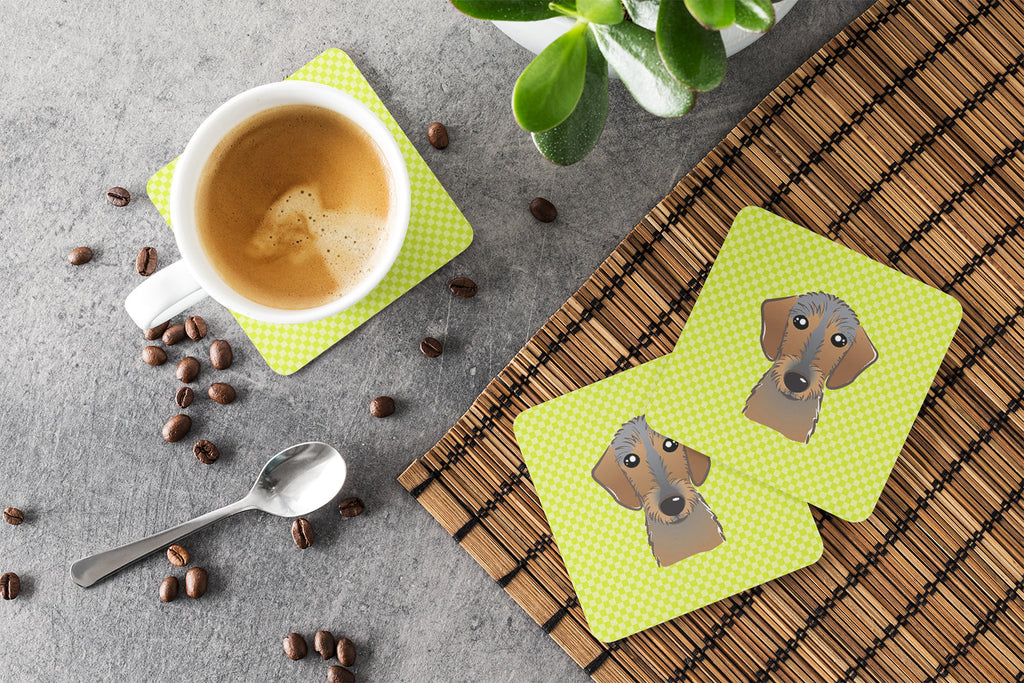 Checkerboard Lime Green Wirehaired Dachshund Foam Coasters Set of 4 Cup Coasters for Indoor Outdoor, Tabletop Protection, Anti Slip, Mouse pad Material