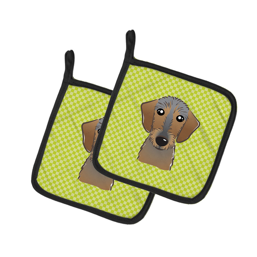 Checkerboard Lime Green Wirehaired Dachshund Pot Holder Set of 2 Heat Resistant Quilted Hot Pads 7.5 x 7.5 Inch, Insulated Kitchen Trivets for Cooking & Baking