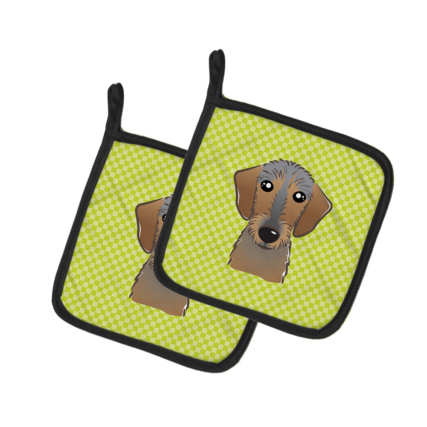 Checkerboard Lime Green Wirehaired Dachshund Pot Holder Set of 2 Heat Resistant Quilted Hot Pads 7.5 x 7.5 Inch, Insulated Kitchen Trivets for Cooking & Baking