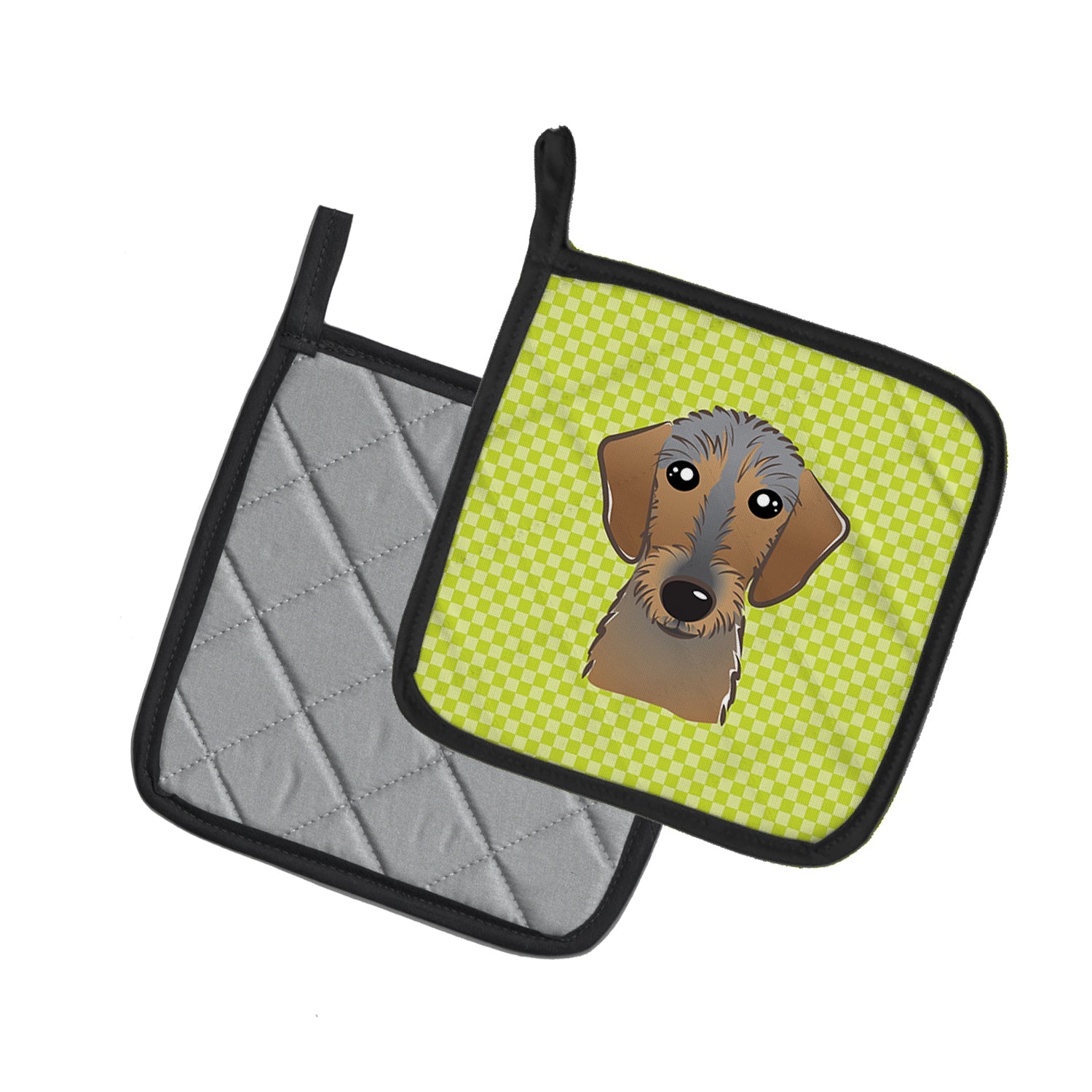 Checkerboard Lime Green Wirehaired Dachshund Pot Holder Set of 2 Heat Resistant Quilted Hot Pads 7.5 x 7.5 Inch, Insulated Kitchen Trivets for Cooking & Baking