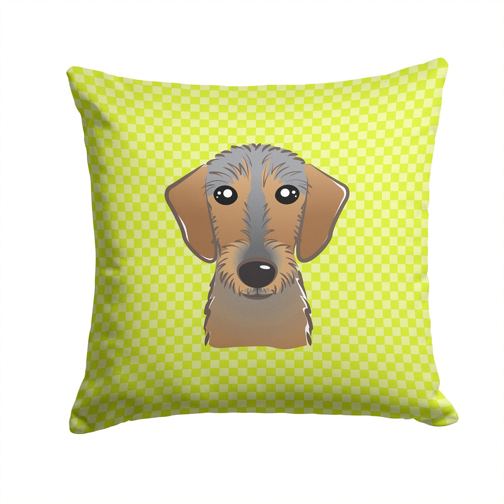 Checkerboard Lime Green Wirehaired Dachshund Decorative Throw Pillow 14x14 Indoor Outdoor Accent Cushion, Fabric Cover with Insert for Sofa, Bed, Porch & Living Room