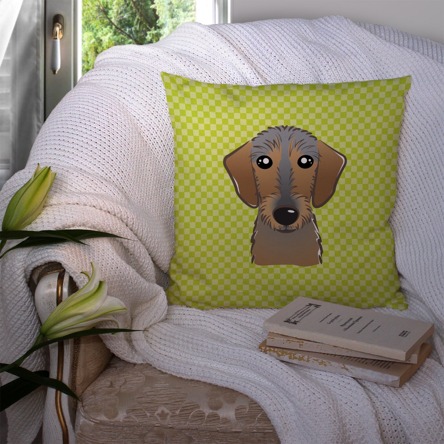 Checkerboard Lime Green Wirehaired Dachshund Decorative Throw Pillow 14x14 Indoor Outdoor Accent Cushion, Fabric Cover with Insert for Sofa, Bed, Porch & Living Room