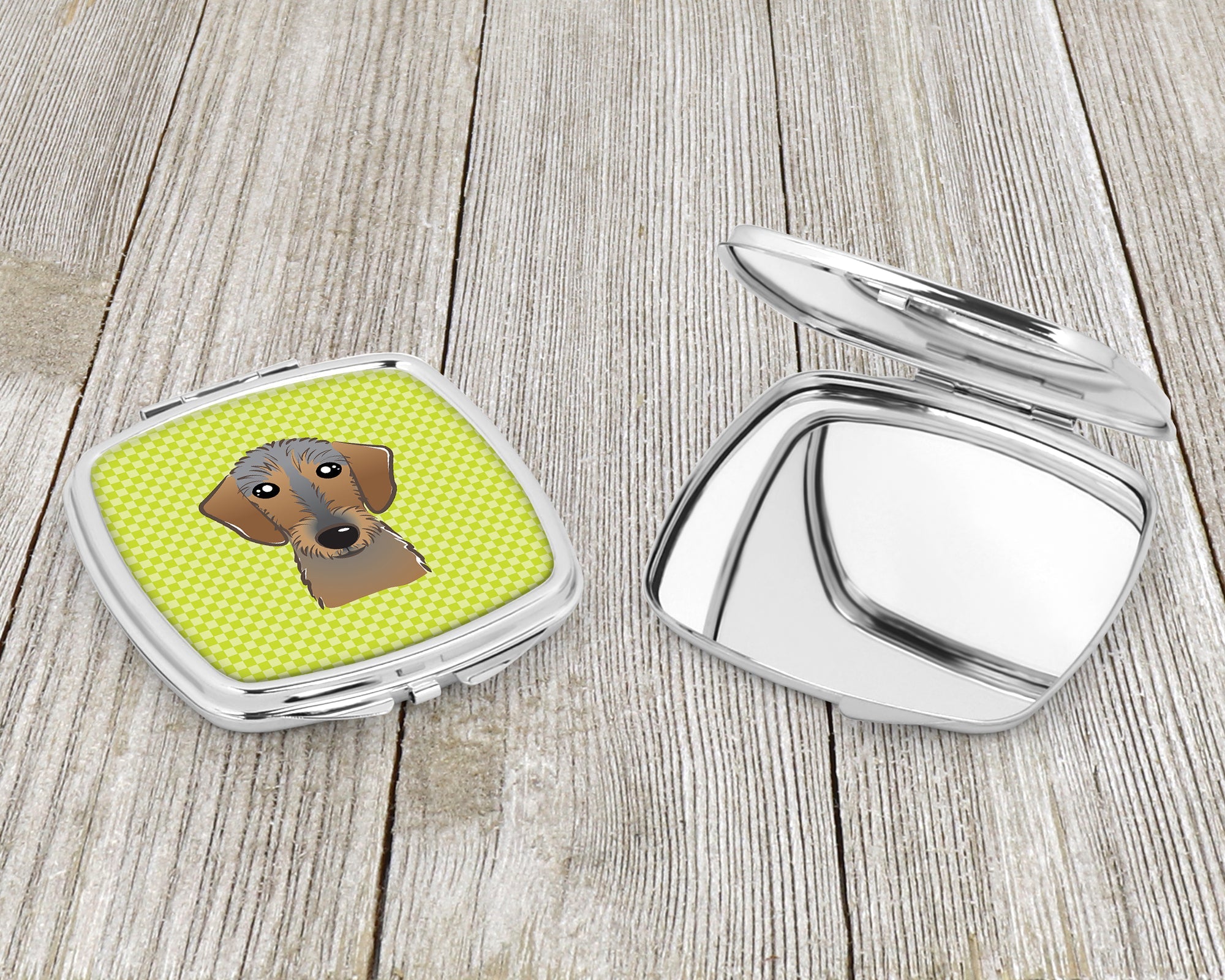 Checkerboard Lime Green Wirehaired Dachshund Compact Mirror Decorative Travel Makeup Mirror for Women Girls Gifts Pocket Makeup Mirror Folding Handheld