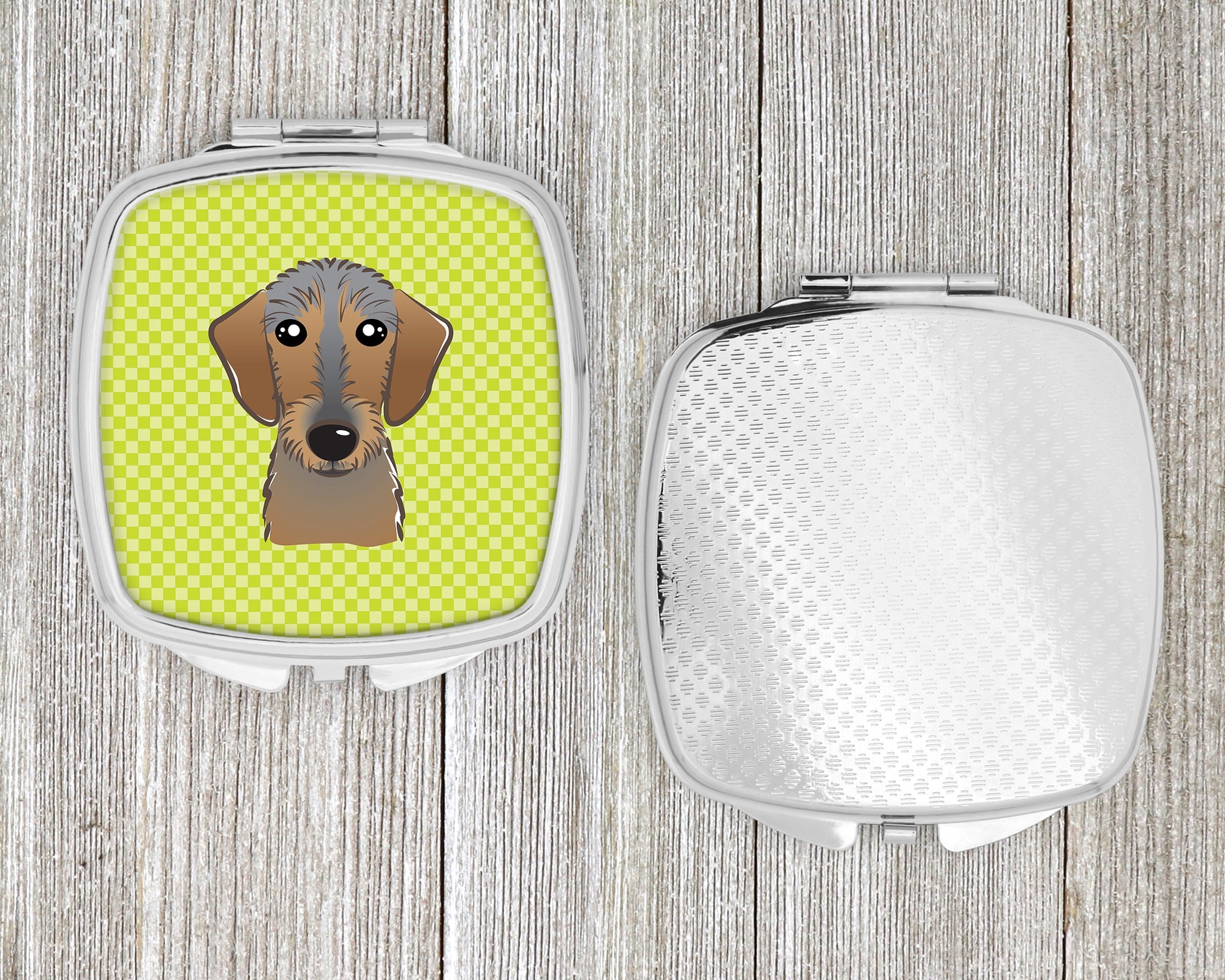 Checkerboard Lime Green Wirehaired Dachshund Compact Mirror Decorative Travel Makeup Mirror for Women Girls Gifts Pocket Makeup Mirror Folding Handheld