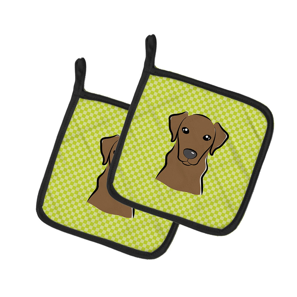 Checkerboard Lime Green Chocolate Labrador Pot Holder Set of 2 Heat Resistant Quilted Hot Pads 7.5 x 7.5 Inch, Insulated Kitchen Trivets for Cooking & Baking
