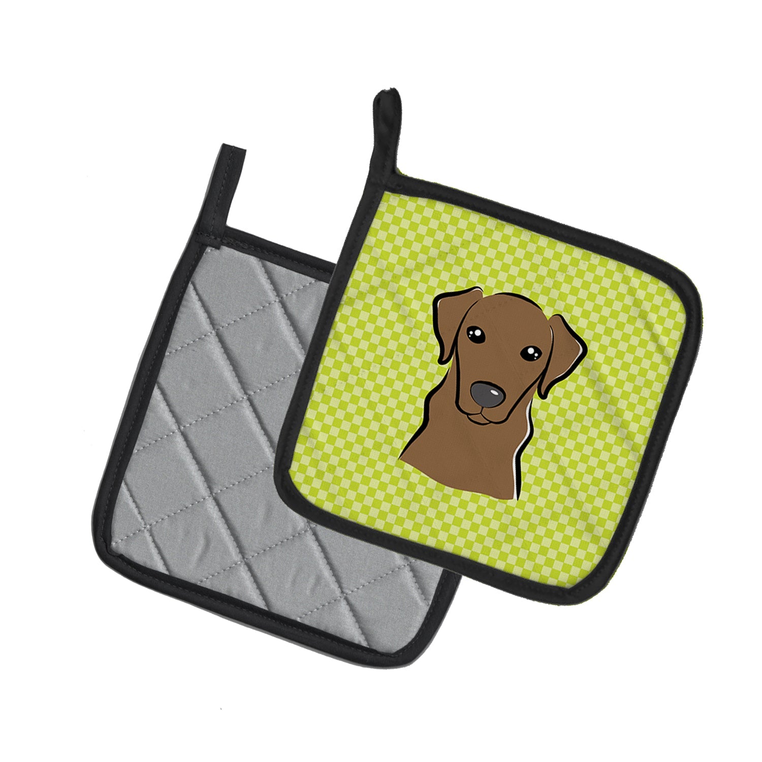 Checkerboard Lime Green Chocolate Labrador Pot Holder Set of 2 Heat Resistant Quilted Hot Pads 7.5 x 7.5 Inch, Insulated Kitchen Trivets for Cooking & Baking