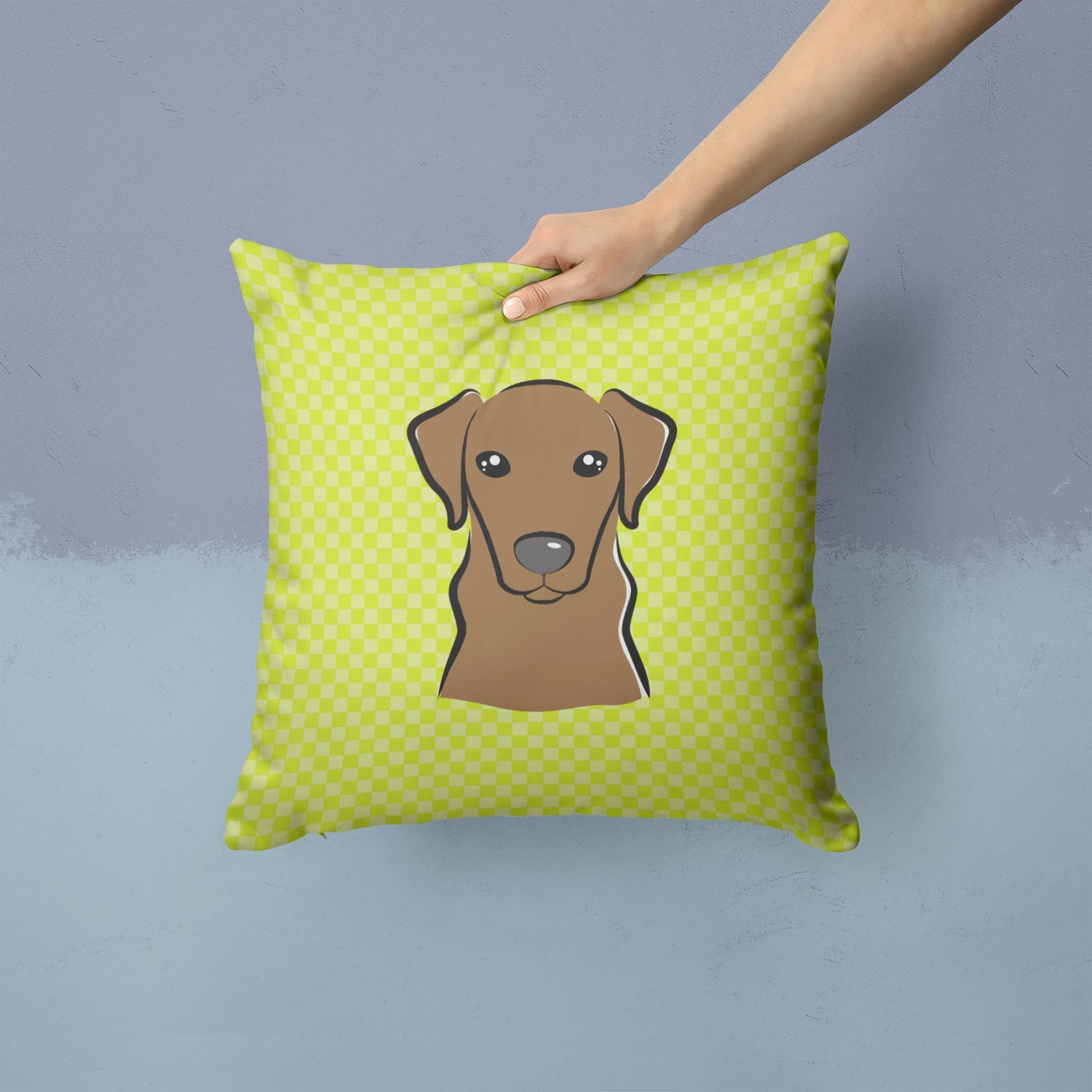 Checkerboard Lime Green Chocolate Labrador Decorative Throw Pillow 14x14 Indoor Outdoor Accent Cushion, Fabric Cover with Insert for Sofa, Bed, Porch & Living Room