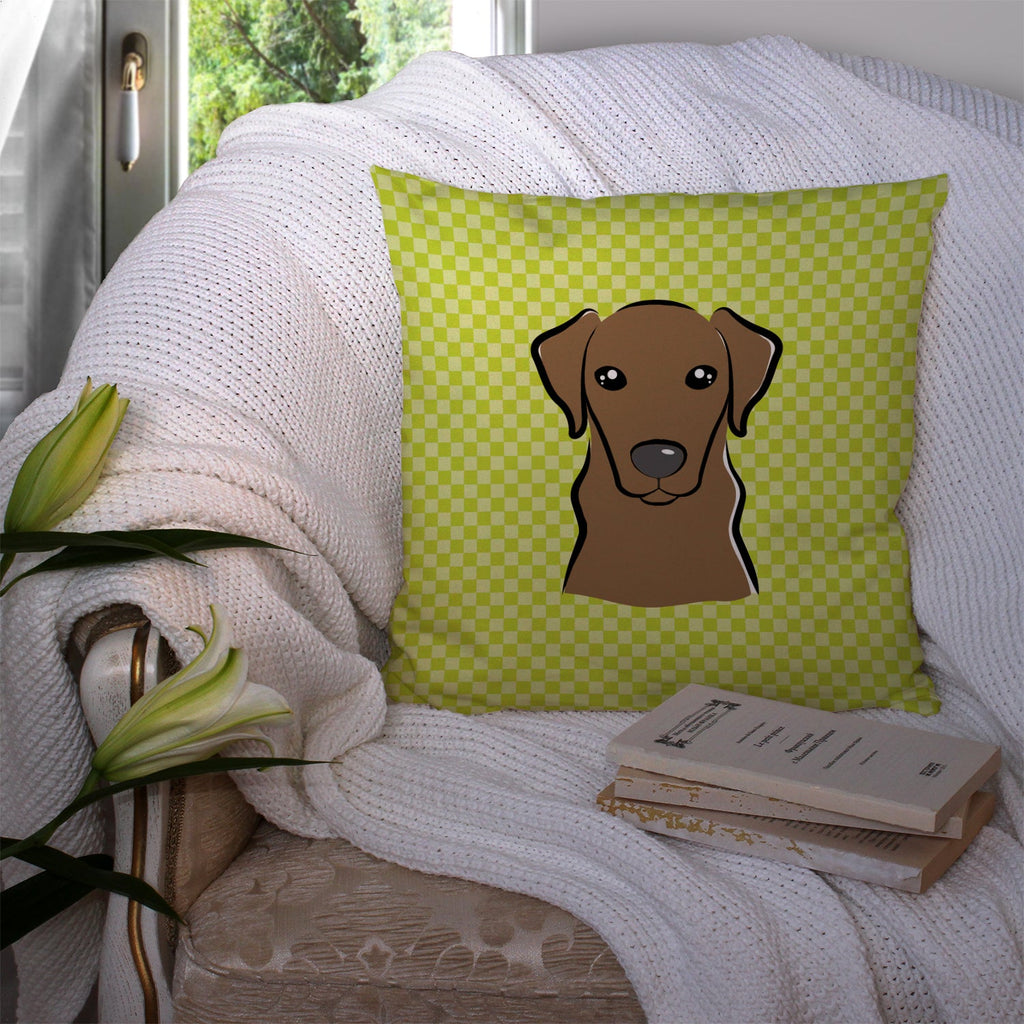 Checkerboard Lime Green Chocolate Labrador Decorative Throw Pillow 14x14 Indoor Outdoor Accent Cushion, Fabric Cover with Insert for Sofa, Bed, Porch & Living Room