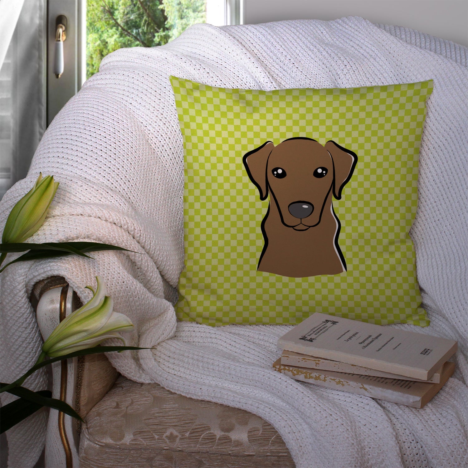 Checkerboard Lime Green Chocolate Labrador Decorative Throw Pillow 14x14 Indoor Outdoor Accent Cushion, Fabric Cover with Insert for Sofa, Bed, Porch & Living Room