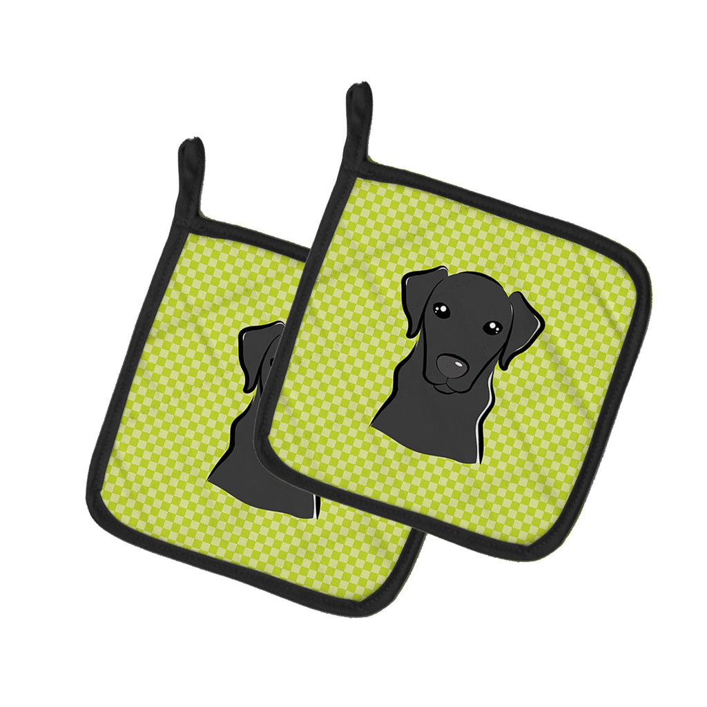 Checkerboard Lime Green Black Labrador Pot Holder Set of 2 Heat Resistant Quilted Hot Pads 7.5 x 7.5 Inch, Insulated Kitchen Trivets for Cooking & Baking