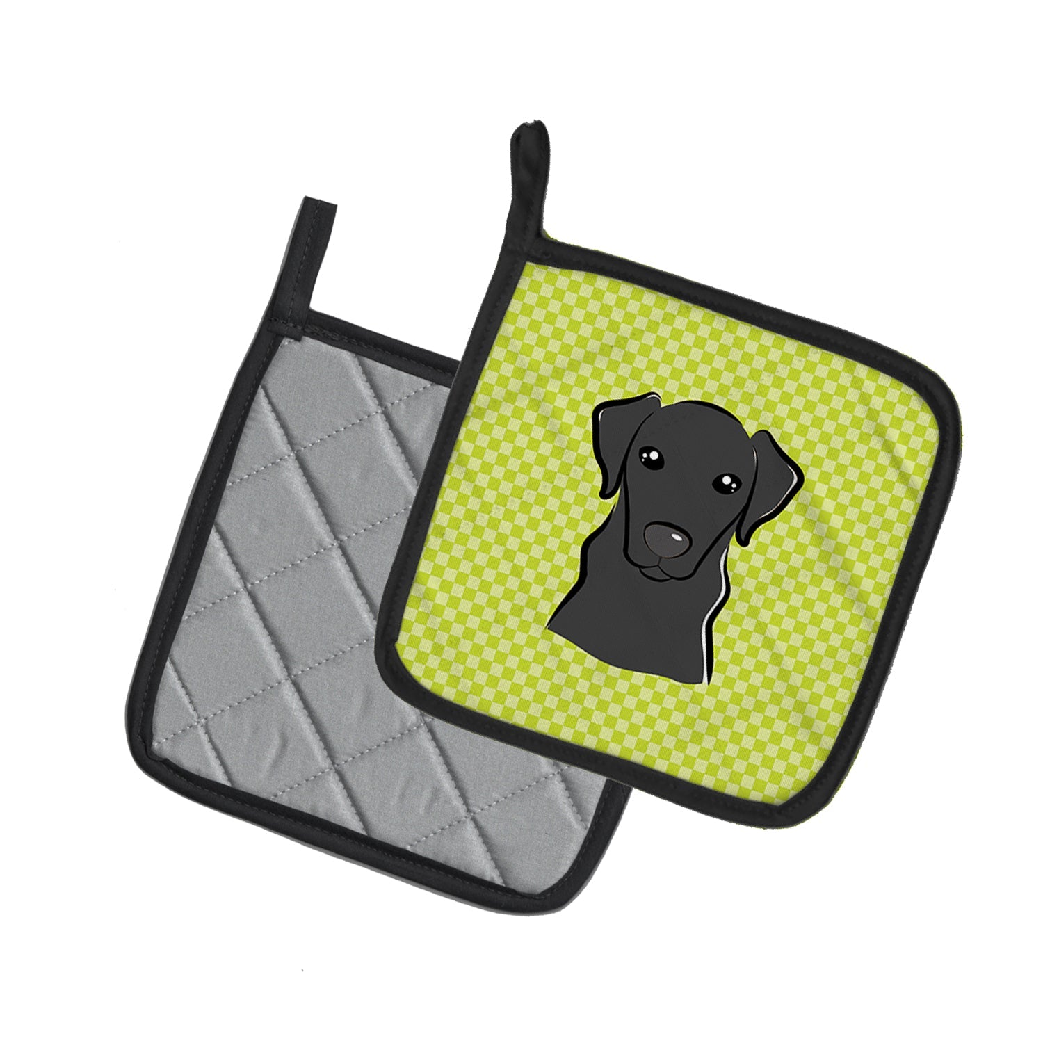 Checkerboard Lime Green Black Labrador Pot Holder Set of 2 Heat Resistant Quilted Hot Pads 7.5 x 7.5 Inch, Insulated Kitchen Trivets for Cooking & Baking