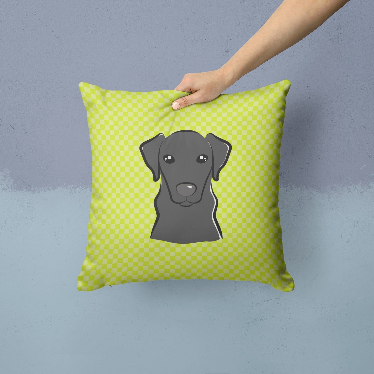 Checkerboard Lime Green Black Labrador Decorative Throw Pillow 14x14 Indoor Outdoor Accent Cushion, Fabric Cover with Insert for Sofa, Bed, Porch & Living Room