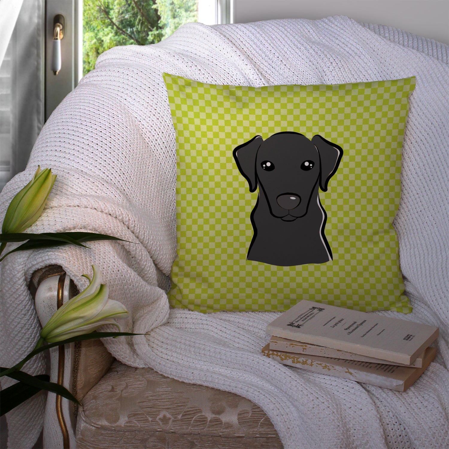 Checkerboard Lime Green Black Labrador Decorative Throw Pillow 14x14 Indoor Outdoor Accent Cushion, Fabric Cover with Insert for Sofa, Bed, Porch & Living Room