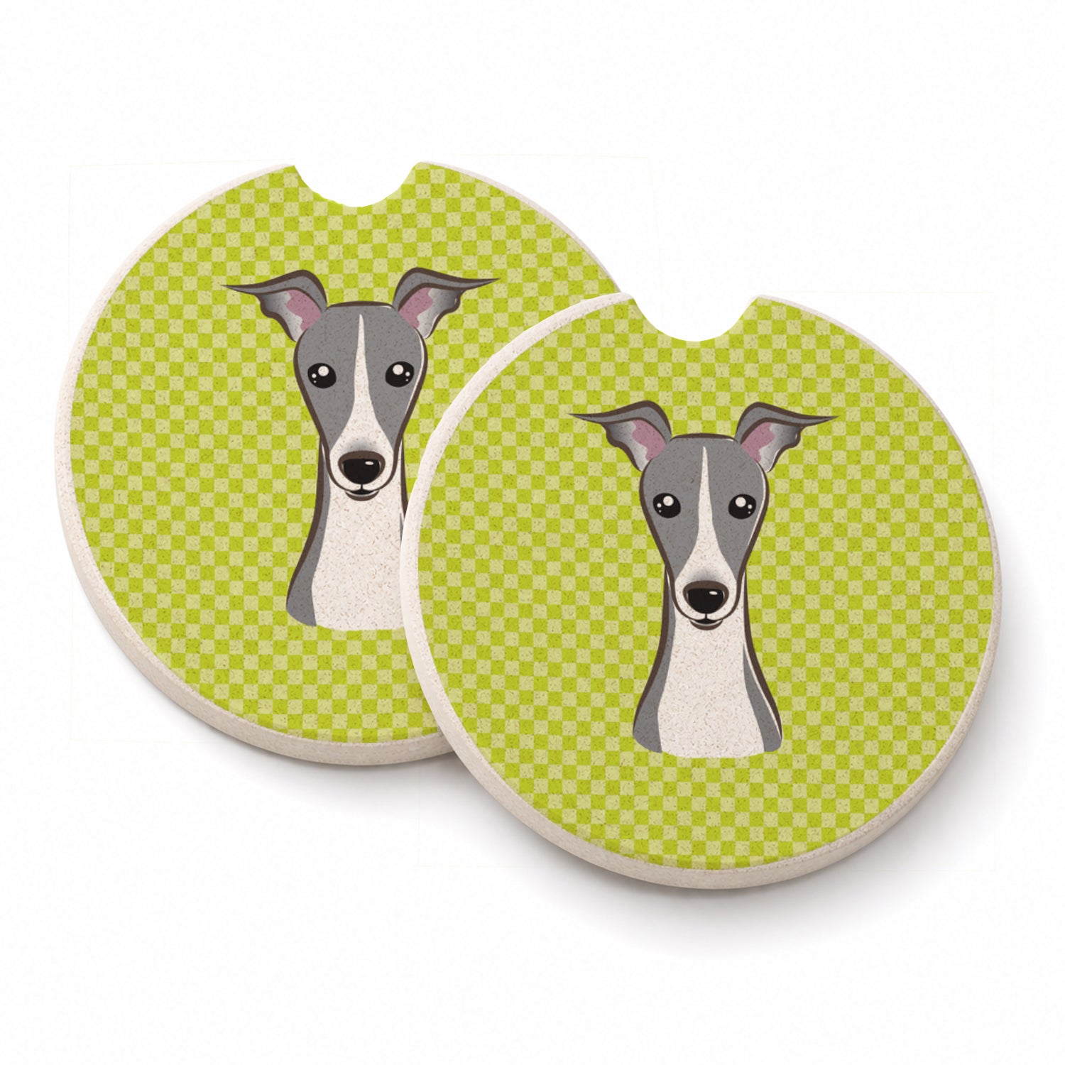 Checkerboard Lime Green Italian Greyhound Set of 2 Cup Holder Car Coasters Absorbent Round Sandstone Coasters Gifts for Men or Women, 2.5, Multicolor