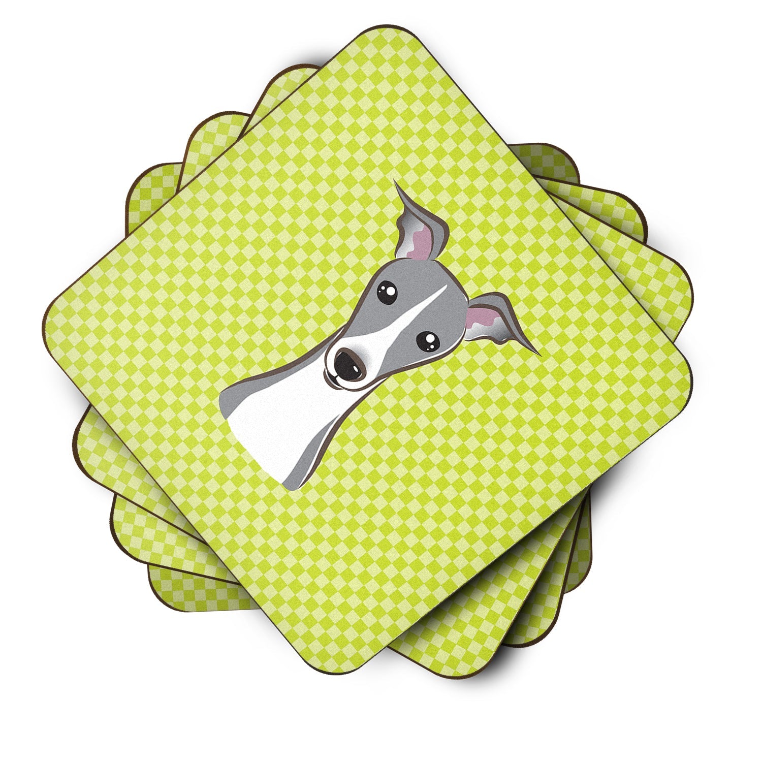 Checkerboard Lime Green Italian Greyhound Foam Coasters Set of 4 Cup Coasters for Indoor Outdoor, Tabletop Protection, Anti Slip, Mouse pad Material