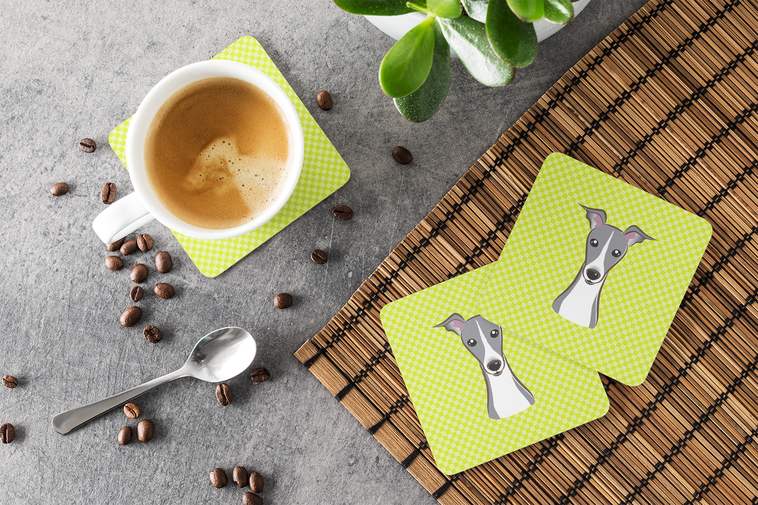 Checkerboard Lime Green Italian Greyhound Foam Coasters Set of 4 Cup Coasters for Indoor Outdoor, Tabletop Protection, Anti Slip, Mouse pad Material