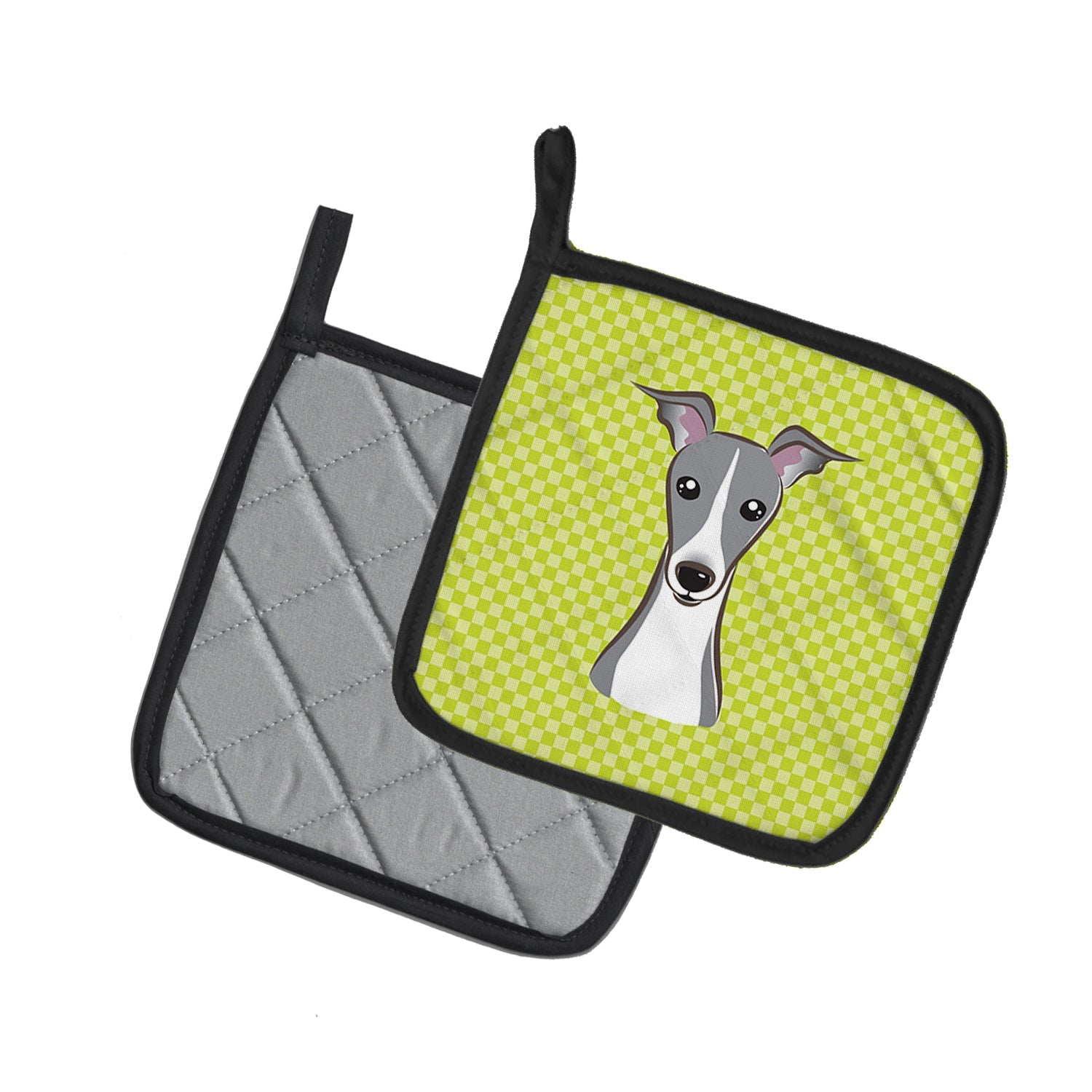 Checkerboard Lime Green Italian Greyhound Pot Holder Set of 2 Heat Resistant Quilted Hot Pads 7.5 x 7.5 Inch, Insulated Kitchen Trivets for Cooking & Baking
