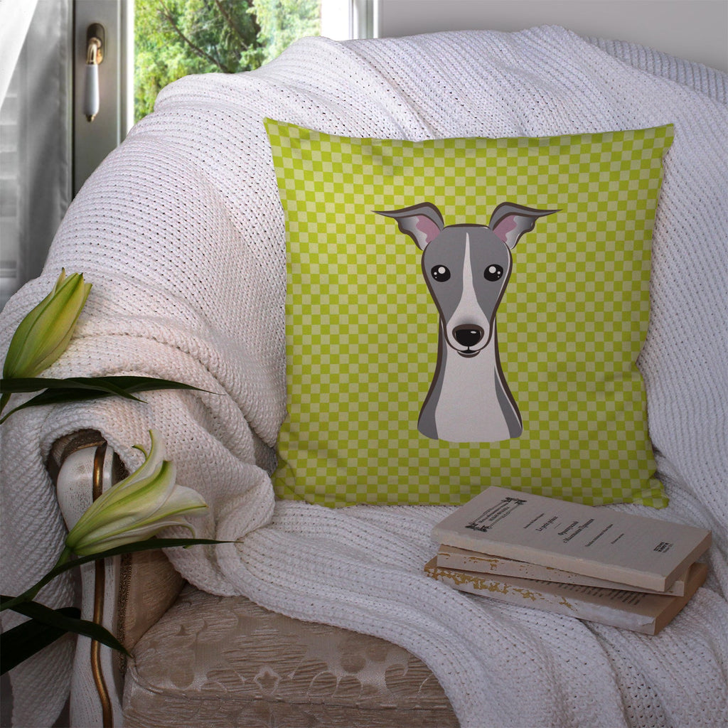 Checkerboard Lime Green Italian Greyhound Decorative Throw Pillow 14x14 Indoor Outdoor Accent Cushion, Fabric Cover with Insert for Sofa, Bed, Porch & Living Room