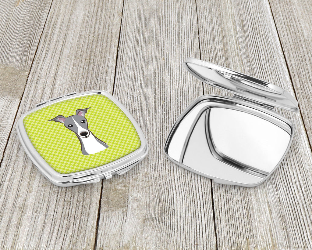 Checkerboard Lime Green Italian Greyhound Compact Mirror Decorative Travel Makeup Mirror for Women Girls Gifts Pocket Makeup Mirror Folding Handheld