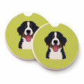 Checkerboard Lime Green Bernese Mountain Dog Set of 2 Cup Holder Car Coasters Absorbent Round Sandstone Coasters Gifts for Men or Women, 2.5, Multicolor